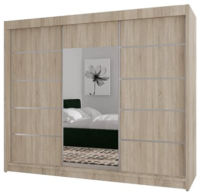 BEAUTY SOFA Monika - Schrank mit Spiegel - Kleiderschrank mit Schiebetüren - Schubladen im Inneren - Garderobenschrank, Mehrzweckschrank, Flurschrank, 200 cm breit - Schrank Sonoma Silberne Sprossen