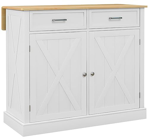 HOMCOM Isla de Cocina Mueble Auxiliar de Cocina con Encimera Plegable 2 Puertas 2 Cajones 4 Ruedas y Estante Ajustable 105x60x90,5 cm Blanco