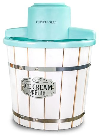 Nostalgia Electric Ice Cream Maker – Wood Bucket Parlor Style, Old Fashioned Soft Serve Ice Cream Machine Makes Frozen Yogurt or Gelato in Minutes - Fun Kitchen Appliance – White & Aqua - 4 Quart
