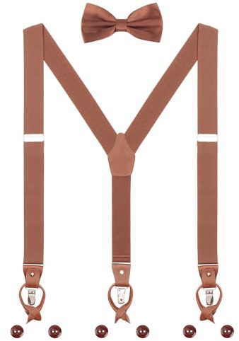 WANYING Herren Hosenträger Fliege Set 2 WAY TO WEAR 6 Leder Knopfloch 3 Clips Y-Form 3,5cm Breit Verlängerte Hosenträger für Körpergröße 160-200cm - Braun