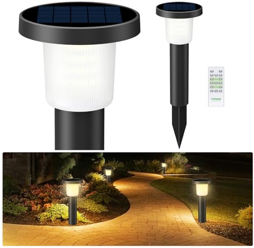INTELAMP Luci Solari da Esterno con Telecomando, 2 Pezzi Faretti Giardino Solari Potenti 500LM Lampioni Giardino, 3 Temperatura di Colore, 3800mAh Batteria, Bianco Caldor IP65 Impermeabile