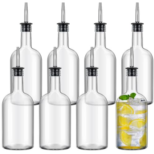 Baderke 8pcs 17oz Glass Long Neck Bottles Glass Pour Liquor Bottles Bar Juice Pour Syrup Bottle with Pourer & Caps Pourer Tapered Spout for Liquor Wine Juice Snowcone Syrup
