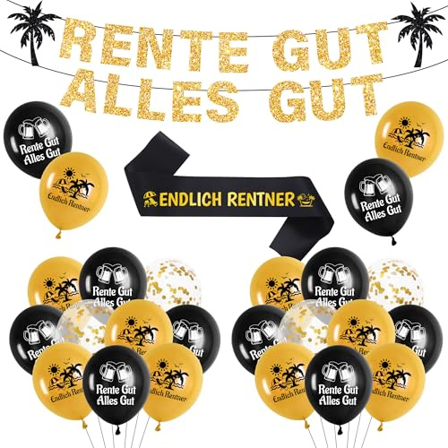 Schwarz Gold Rente Party Deko - 43 Stück Retirement Decoration, Rente Gut Alles Gut Banners, Ruhestand Ballons, Paillettenballon, ENDLICH RENTNER Schärpe für Männer, Frauen, Retirement, Farewell Party