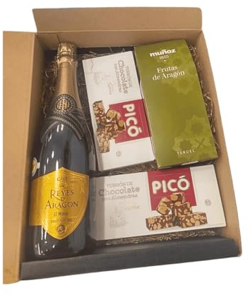 DEGUSTA TERUEL. Cestas de Navidad Gourmet para Regalo con Surtido de turrones artesano, Paquete de frutas de Aragón y Botella de Cava Reyes de Aragón