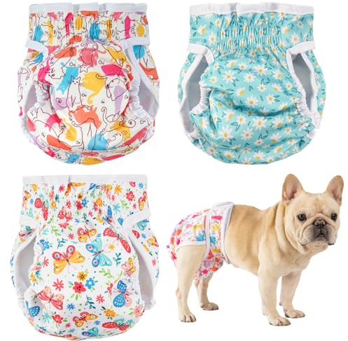 Cotemdery Dog Nappies Female for Season, 3 Pack Washable Puppy Diapers, Highly Absorbent Dog Pants & Belly Bands for Dogs, Doggy Knickers for Incontinence, Reusable Dog Period Nappies with Soft Pads