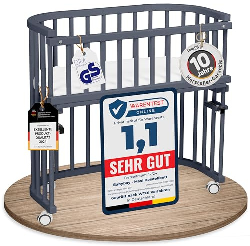 babybay Maxi extra großes Beistellbett aus massivem Buchenholz/Kinderbett Höhe stufenlos verstellbar & umweltfreundlich/mit Matratze, Gitter, Rollen (schiefergrau lackiert)