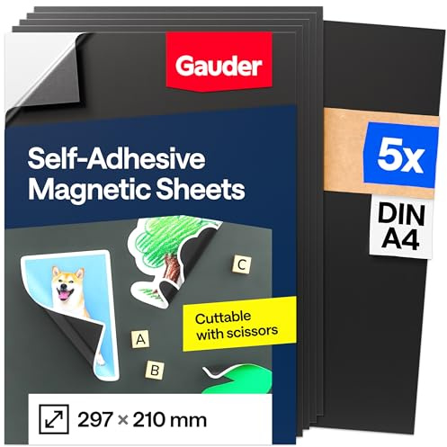 GAUDER Självhäftande magnetiska ark – skärbart magnetpapper för hantverk, foton och skyltar – magnetisk film för hem, skola och kontor (DIN A4-297 x 210 mm – 5 st)