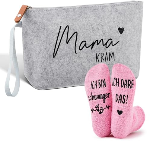 Jadive 2 Stück Geschenkset für Werdende Mütter Mama Kram Kosmetiktasche aus Filz mit Reißverschluss Schwangerschaft rutschfeste Socken für Neue Mama Frauen Babyparty Verkünden (Hellgrau, Rosa)