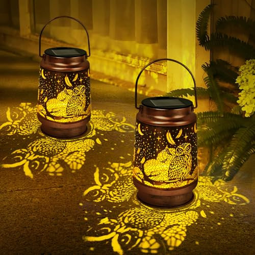 Lampade Solari da Giardino in Metallo, Confezione da 2, Luci Solari da Appendere per Giardino Esterno, Impermeabile, Lanterna Decorativa da Giardino per Patio, Campeggio, Prato, Cortile