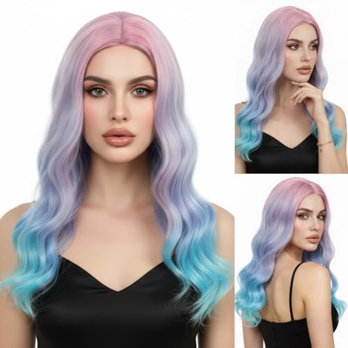 Parrucca ondulata lunga, ombré pastello, rosa viola chiaro, capelli sintetici