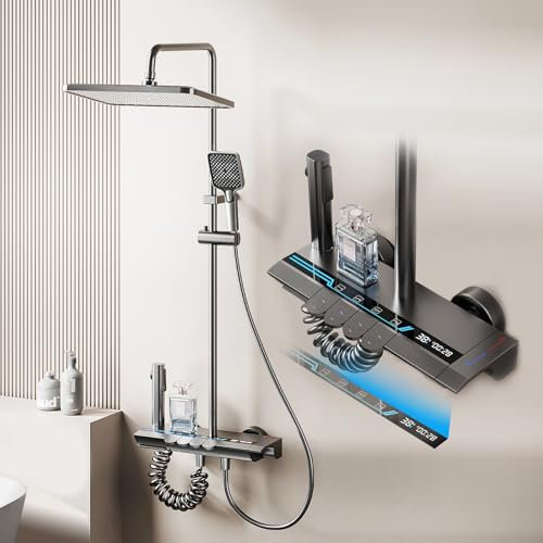 CALISTOUK Columna Ducha con Grifo, 4 Funciones Elegantes Teclas de Piano Columna Ducha, Altura Regulable 77-145cm Material de Aluminio de Aviación | Indicación de La Temperatura para Baño