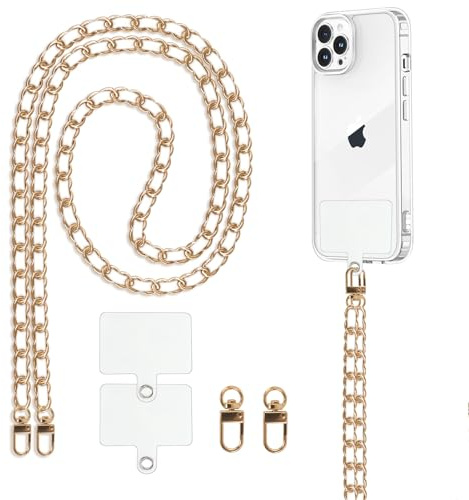 Knrlqim Cordon Telephone Portable Universelle avec 2 Patchs, Lot de Universal Chaine Telephone Portable Collier de Longe pour Cou et Poignet, Compatibles avec Plupart des Smartphones,Or Blanc