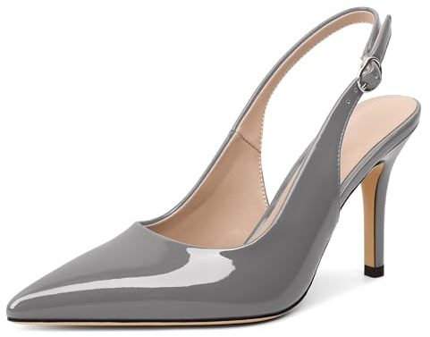 EDEFS Pumps Eleganti Donna Tacco 3,5 Pollici Slingback a Spillo Punta a Sottile Lucida per Matrimoni Feste Ufficio Grigio EU40