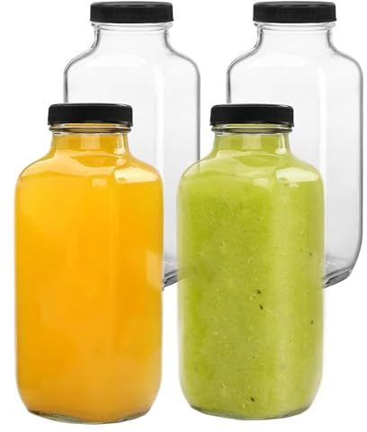 Hikrxya Paquete de 4 botellas de vidrio con tapas, 500 ml, cuadradas, de boca ancha, reutilizable, para agua, jugo, leche, batidos y bebidas