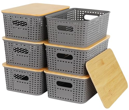 Nymblis 6Pcs Storage Boxes with Lids, Stackable Storage Baskets, Grey | Plastic Lidded Storage Bins, with Bamboo Lids and Stickers, for Kitchen, Bathroom, Cabinets, Office Organization, 5L