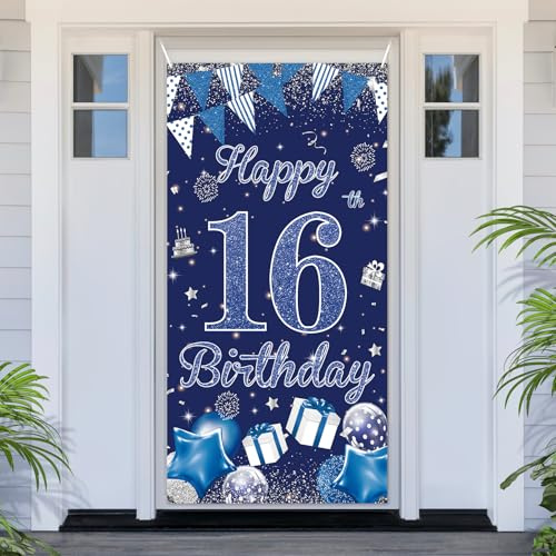 PartyYaa Decoraciones de Pancarta de 16º Cumpleaños, Cubierta de Puerta de Feliz 16º Cumpleaños, Pancarta de Fiesta Extra Grande Azul Plateada Cartel Decorativo de Fondo de Cabina de Fotos Póster para