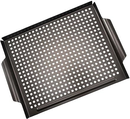 GLEAVI Acero Inoxidable Antiadherente para Barbacoa Sartén para Asar con Parrilla Portátil para Camping y Cocina al Aire Superficie Lisa y Texturizada para Carnes y Vegetales Fácil