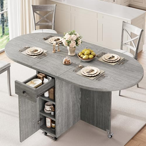 Jocoevol Round Folding Dining Table for 4, Space Saving Drop Leaf Kitchen Table with Storage Drawer, 6 Wheels Oval Gateleg Foldable Dining Table for Small Spaces (Grey, 47 x 23.6 x 30)