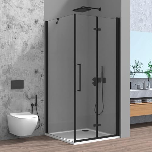Box Doccia Angolare 80x90 E H 195 Cm Con Porta A Soffietto E Lato Fisso In Vetro Temperato Trasparente E Profili Nero Opaco - Linea Neos