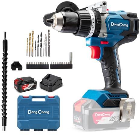 Dong Cheng 20V 120N.m Cordless Brushless Hammer Drill with 4.0Ah Battery | 13mm Keyless Metal Chuck, 24+1+1 Clutch, Cordless Hammer Drill for Drilling Brick Wall, Metal, Wood
