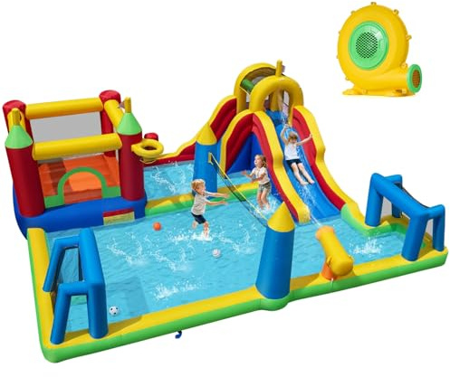 Maxmass Kids Water Park, Inflatable Bounce House with Splash Pool,Climbing Wall, Slide, Water Cannon, Soccer Zone, Outdoor Bouncy Castle Blow up House for 3-12 Years Old (9 in 1, with Blower)