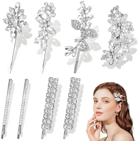 YinnFeen 8 Piezas Pasadores de Pelo con Strass, Plateadas Adornos de Novia para el Cabello, Florales Pasadores de Cristal Brillo para Mujeres en Bodas Fiestas Uso Diario