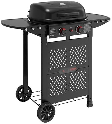 MasterCook - Barbecue a Gas Portatile 2 Bruciatori con Trolley e Griglia in Ghisa, BBQ da Esterno con Coperchio, Tavolini Laterali e Ruote, Potenza Totale 5 kW, 100x51x93 cm