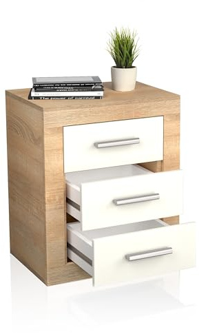 duehome | Mesita de Noche, Mesilla de Dormitorio, Modelo Kira, Acabado en Color Cambria y Blanco, Medidas: 50 cm (Largo) x 34,6 cm (Fondo) x 60 cm (Alto)