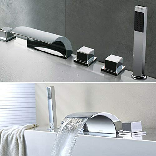 5 Loch Wasserfall Wannenarmatur, Wasserhahn Handbrause Duschset, Wannenrand Armatur Badewannen Hahn Chrom