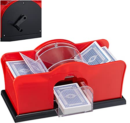 Relaxdays 10031555 Kartenmischmaschine, 2 Decks, Kurbel, manuelles Mischgerät für Spielkarten bis 91 mm, Kunststoff, rot/schwarz