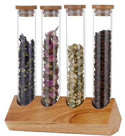 PYouo-große Reagenzgläser, Glas Reagenzglas, Kreative Holzkaffeebohnen Blumen-Tee-Display Rack-Stand, versiegelt Lagerung Dekorative Ornamente, Hochwertige Materialien (Color : 4 Holes)