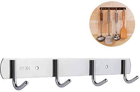 Bligo Hängeleiste Edelstahl mit 4 Haken, Hakenleiste Küchenhelfer | Selbstklebend mit 3m Selbstklebender Kleber, Ohne Bohren, Rostfrei Handtuchhalter, Silber