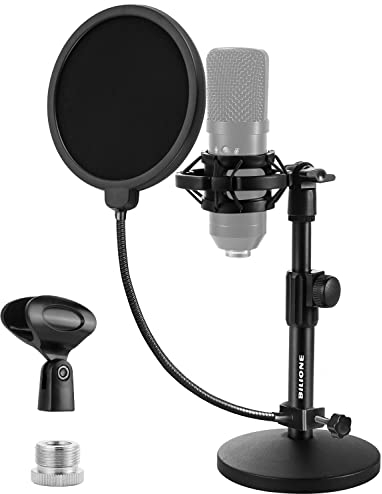 BILIONE Schreibtisch-Mikrofonständer Verbesserter, Verstellbarer Mikrofonständer mit Pop-Filter, Schockhalterung, Mikrofonclip, 1,6 cm auf 0,95 cm Metallschraubenadapter