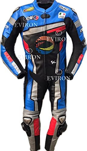 Traje de cuero de 2 piezas para motocicleta, diseño multicolor (negro y azul, S)