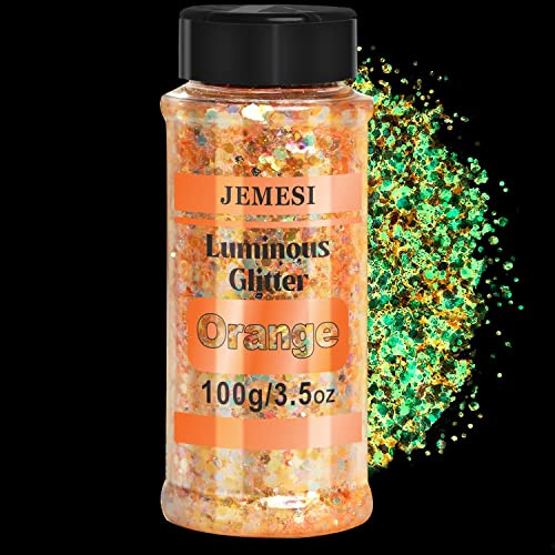 JEMESI Fluorescente Paillettes, 100g Glitter Iridescent, Fluorescente Chunky Glitter Perfetto per Resina Epossidica, Viso, Corpo, Pittura und Artigianato Fai-da-Te - Arancia