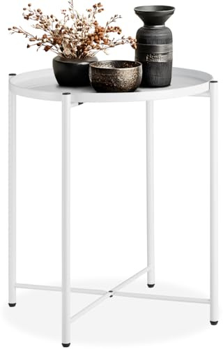 tectake® Tisch rund, Beistelltisch Metall, Kleiner Tisch, Couchtisch Coffee Table für Wohnzimmer, Nachttisch Schlafzimmer, Balkon Möbel, abnehmbare Tischplatte - weiß