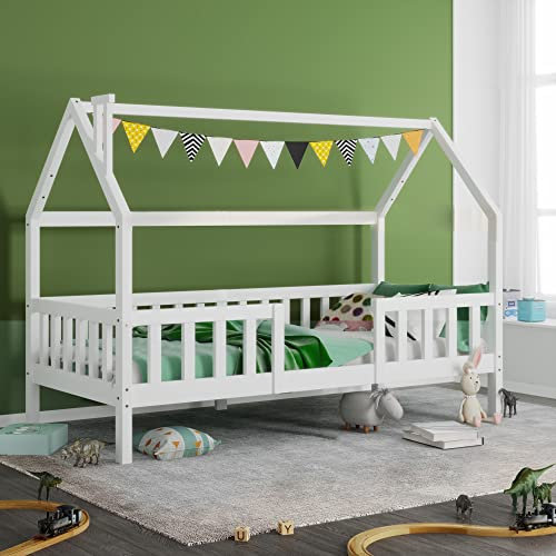 KecDuey Hausbett 90x200 cm - vielseitiges Holz Kinderbett für Jungen & Mädchen - Mit Rausfallschutz und Lattenrost (Ohne Matratze) (Weiß-2)