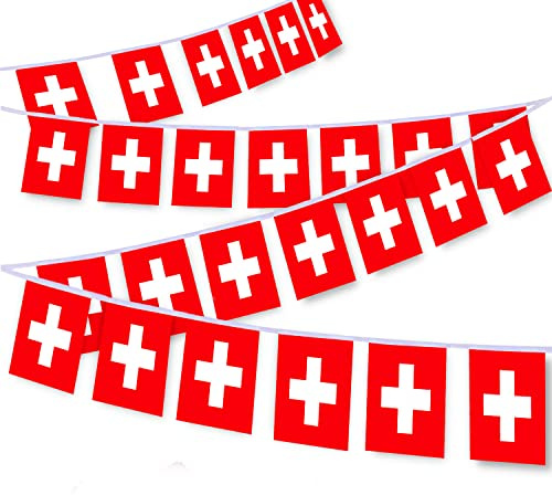 MacLand 30 cuerdas de bandera de Suiza, banderines suizos de 32 pies, pancarta decorativa para decoración de patio interior y exterior