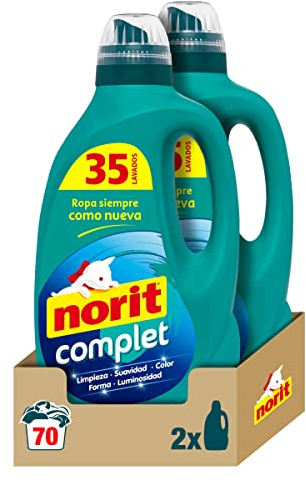 Norit Complet - Detergente Líquido para Toda la Ropa, Máxima Limpieza y Luminosidad, Cuida y Suaviza el Tejido, Mantiene Aspecto, Forma y Color Tras Lavado - Pack de 2 x 1,75 L