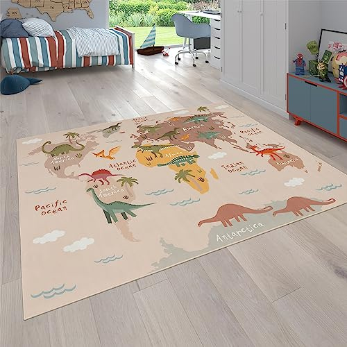 Paco Home Teppich Kinderzimmer Kinderteppich Junge Mädchen Spielteppich Dinosauriert Welt Motiv rutschfest Modern Beige Braun Grün, Grösse:200 cm Quadrat