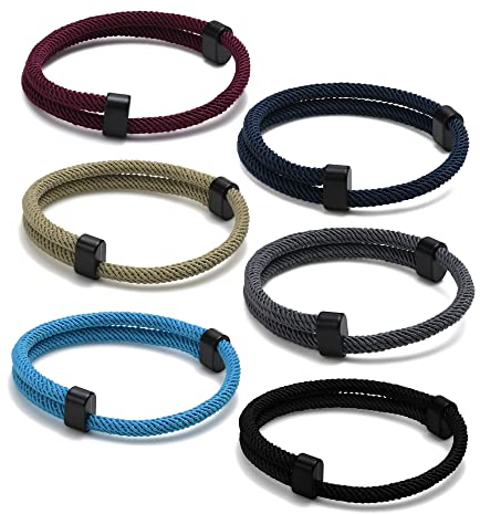 TempBeau Armband Fur Männer und Frauen: 6 Stück Surfer-Seil, Surfarmband, verstellbar, bunt, schwarz, nautisch, geflochten, Schmuck, Geschenke