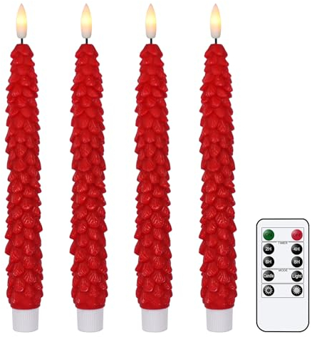 DRomance Candele coniche senza fiamma a forma di albero di Natale, funzionamento a batteria, con telecomando a 10 tasti e timer del ciclo, confezione da 4 candele LED in vera cera, tremolanti,