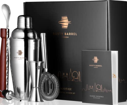 Rusty Barrel — Coffret à Cocktail Mayfair — Kit Cocktail avec Shaker Cocktail en INOX de Style Manhattan | Cocktail Shaker Kit, Kit Barman, Cocktail Kit Complet | dans Une Boîte Cadeau Luxueuse