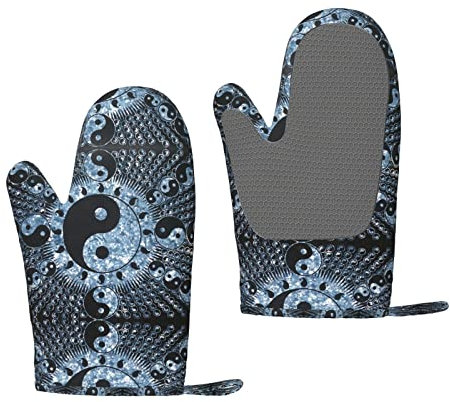 Ying Yang Diagramm Silikon Ofenhandschuhe – Hitzebeständige Grillhandschuhe mit Fingern Wasserdicht Rutschfeste Ofenhandschuhe Küche Kochen Handschuhe zum Backen, Grillen, Grillen