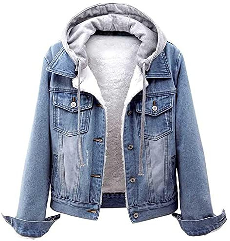 EMUKFD Giubbotto da donna invernale con cappuccio staccabile casual in pile Sherpa foderato in denim, giacca in jeans da camionista, giacca in denim autunnale, sudadera con capucha desmontable para