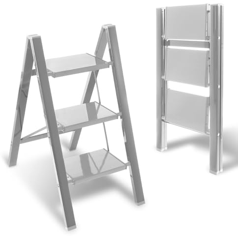 Joparri Trittleiter, 3 Stufen Klapptrittleiter, Aluminium Sicherheits Stehleiter mit rutschfeste Breites Pedal,Leicht, für Haushalt, Büro, Tragbares Lagerregal, Malen und Pflanztöpfe