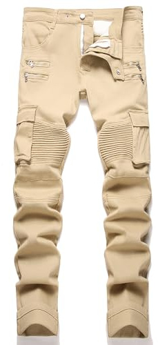 RXXKKK Men's Classic Zipper Biker Regular Fit Flex Jean (42, 1982 Khaki)