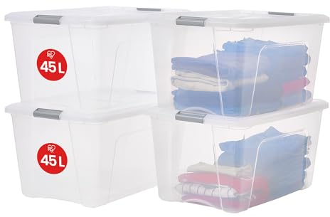 Iris Ohyama Aufbewahrungsboxen mit Deckel, 45L, 4er-Set, Silber, Sicherer Verschluss, Stapelbar, Griffe, Schlafzimmer, Schrank, Büro, Organisation, BPA-freies Plastik, Ordnungsboxen, NTB-45