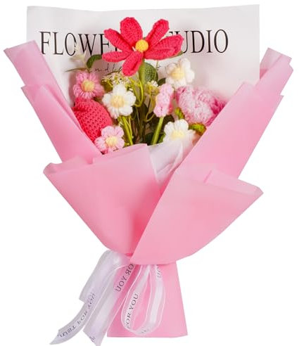 janeunique Flowers Delivery Prime Crochet Flowers Bouquet-Knitted Flower Bouquet for Home Decoration Anniversary Graduation Artificial Flower Gifts for Mom Women and Her,Pink