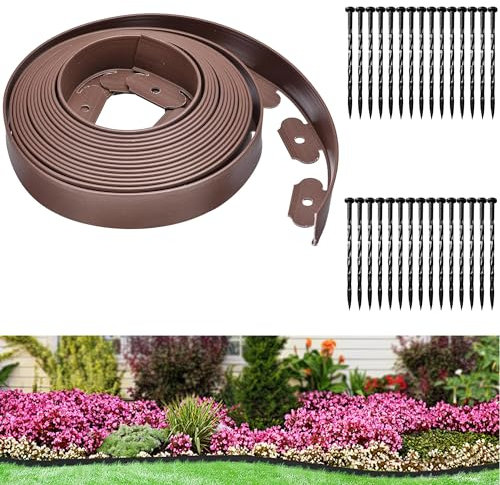 No Dig Landscape Edging Kit, Landscape Edging Border 33 FT with 30 Spikes, 2 Tall No Dig Garden Edging Roll, Flexible Lawn Edging for Landscaping Flower Beds Yard Pathway (2IN x 33FT, Brown)